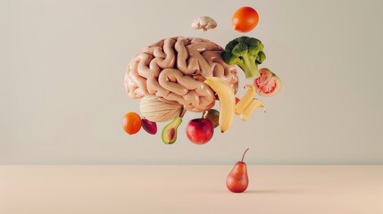 Poster - A surreal combination of a human brain and various fruits or vegetables against a soft, neutral background, macro shot
