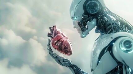 Poster - A surreal depiction of a medical robot holding a human heart, set against a soft, ethereal background