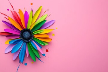 Poster - Colorful flower with a green stem is displayed on a pink background. Minimalist flower with central colorful bulbs, random color splashes, solid pastel pink background, clean and modern