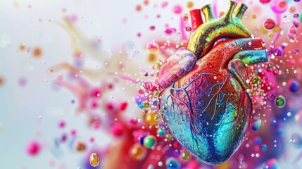 Poster - A surrealistic depiction of a heart with anatomical details surrounded by colorful, abstract elements, macro shot