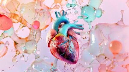 Poster - A surrealistic depiction of a heart with anatomical details surrounded by colorful, abstract elements, macro shot