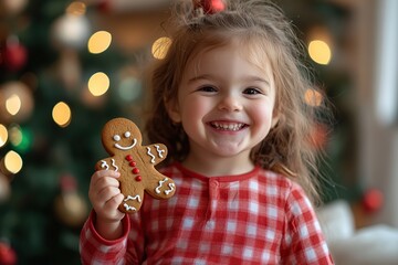 Smiling child girl in checkered pajamas holding gingerbread man cookie on blurred fir tree lights background