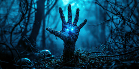 Poster - A hand with glowing eyes is in a forest with a skull nearby