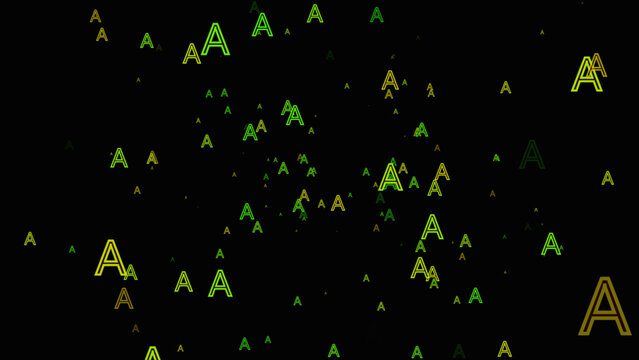 Dark green vector cover with english symbols ‘A’. Shining colorful illustration with isolated letters. Vector seamless pattern and black background.