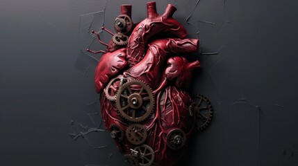 Leinwandbilder - A surrealistic human heart with clock gears against a dark grey background, macro shot, Minimalist style