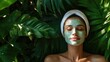© Tamar - Beautiful woman enjoying a soothing face mask while indulging in a nourishing plant treatment for her flawless skin, with ample copy space for your design needs.