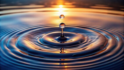 Poster - A water droplet creates concentric ripples on a still surface as the sun sets behind it, reflecting a warm glow across the liquid.