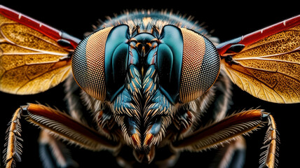 A close up of a fly's face with a blue and orange head