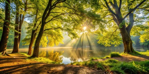 Poster - A Serene Landscape with Sunlight Streaming Through Lush Green Trees and Reflecting on a Still Pond
