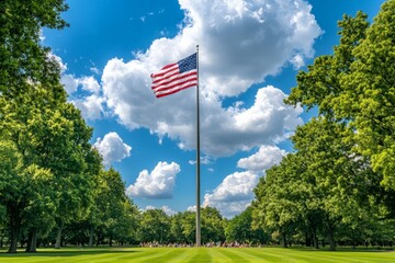 Urban Park Scene with Tall Flagpole and Lush Trees