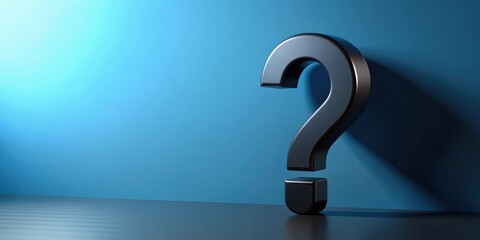 Poster - A 3D Rendering of a Black Question Mark Against a Blue Wall with a Subtle Light Source
