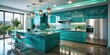 © kansak01 - Modern Luxury Kitchen Interior in Blue Turquoise and Aquamarine Colors - Glossy Finishes, Contemporary Design, Stylish Decor, Open Space, Elegant Appliances, and Sophisticated Ambiance