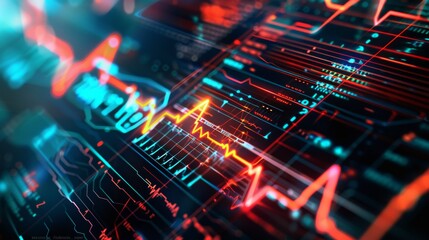 Leinwandbilder - A vibrant image of a heartbeat monitor with animated pulse lines and medical data, set against a dark, digital background