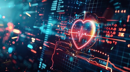 Leinwandbilder - A vibrant image of a heartbeat monitor with animated pulse lines and medical data, set against a dark, digital background