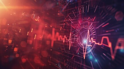 Leinwandbilder - A vibrant image of a heartbeat monitor with animated pulse lines and medical data, set against a dark, digital background
