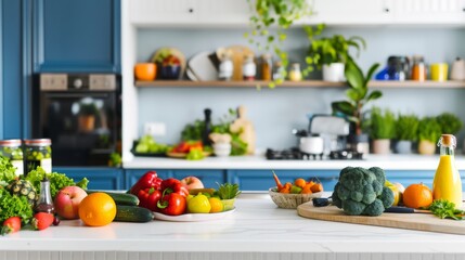Poster - A vibrant scene of a nutritionist's kitchen with fresh fruits and vegetables on the countertop, set in a modern, well-lit kitchen space