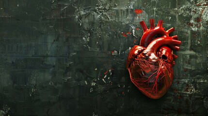 Leinwandbilder - A vibrant image of a human heart with visible arteries and veins, placed against a dark, textured background