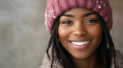 Smiling African American woman wearing a winter hat, radiating beauty and joy. The portrait captures her cheerful expression against a neutral backdrop, ideal for various creative uses.