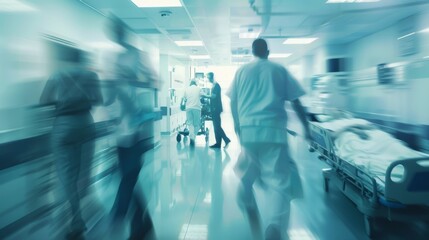 Leinwandbilder - A wide shot of a bustling hospital emergency room with medical professionals and equipment in action, set against a dynamic, active background