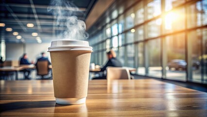 Aufkleber - A steaming cup of coffee sits on a wooden table in a modern office setting, bathed in the warm glow of sunlight streaming through large windows.