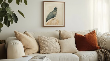 Cozy Living Room Interior with Artistic Bird Print and Plush Cushions