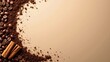 © GMeta - Warm and inviting coffee themed composition with cinnamon stick and beans on beige backdrop