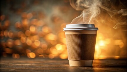Aufkleber - A steaming cup of coffee sits on a wooden surface with a warm, glowing backdrop.