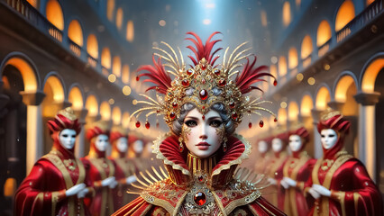 A Venetian from a masquerade ball setting, wearing a mask made of red and gold jewels