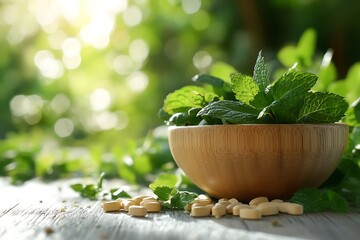 Fresh Mint Leaves in Wooden Bowl with Herbal Supplements on Table