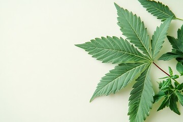 Fresh Green Marijuana Leaf on Light Background Macro Photo