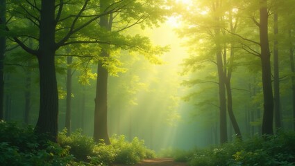 Wall Mural - abstract background of sun dappled forest canopy in soft green and brown hues