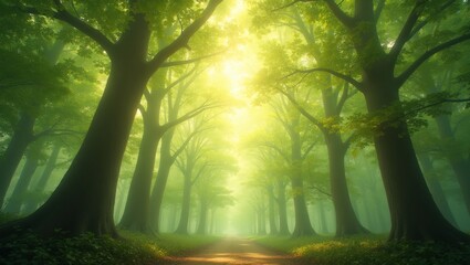Wall Mural - abstract background of sun dappled forest canopy in soft green and brown hues