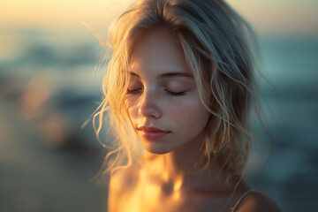 Young pretty blonde girl  breathing fresh air in nature