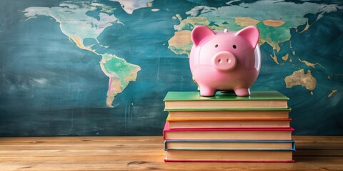 Aufkleber - Pink Piggy Bank on a Stack of Books in Front of a World Map on a Chalkboard