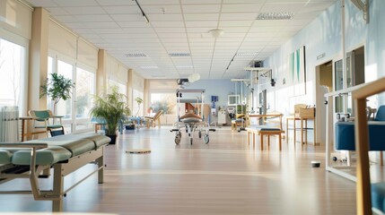 Poster - A wide shot of a modern rehabilitation center with patients using various physical therapy equipment, set against a bright, well-organized background