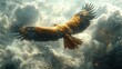 © kucret - A golden eagle soars through a sky filled with fluffy white clouds, its wings spread wide.