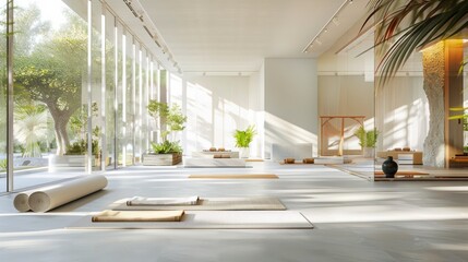 Poster - A wide shot of a modern wellness center with various fitness and relaxation areas, including yoga mats and meditation spaces, set against a bright