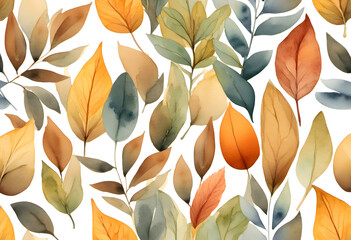 A beautiful watercolor illustration featuring an arrangement of leaves in various shades of green, orange, and brown.