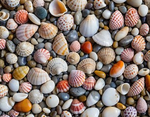 A collection of seashells and pebbles, a reminder of summer days at the beach.