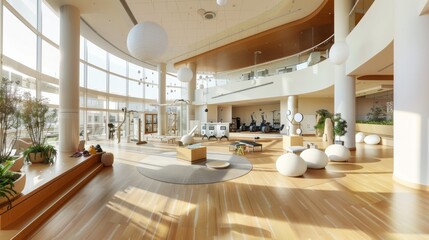 Aufkleber - A wide-angle view of a comprehensive wellness center with various health and fitness areas, set against a modern, clean interior
