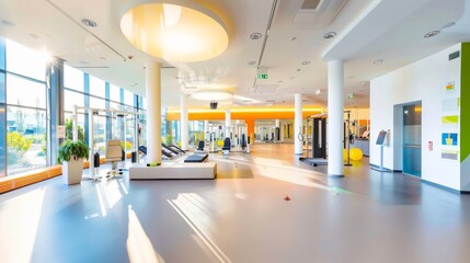 Aufkleber - A wide-angle view of a comprehensive wellness center with various health and fitness areas, set against a modern, clean interior