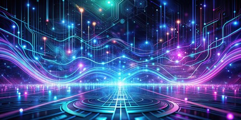 Aufkleber - Abstract Futuristic Digital Technology Background With Glowing Neon Lines and Circuit Board Patterns