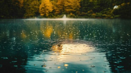 Wall Mural - Rain falling steadily on calm lake surface creating rhythm