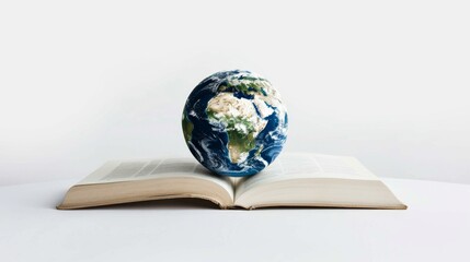 Aufkleber - A world emerging from an open book against a clean white background, macro shot, Minimalist style