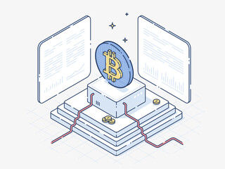 Isometric Outline Style Illustration of Bitcoin Cryptocurrency Coin. Conceptual Design Symbolizing Digital Currency, Blockchain Technology, and Financial Innovation.