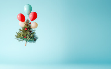 Christmas tree lifted up by colorful balloons against sky blue background. New Year concept.