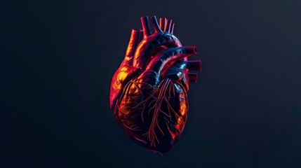 Poster - An abstract depiction of a human heart with veins and arteries highlighted in vibrant colors against a black background, macro shot, Minimalist style