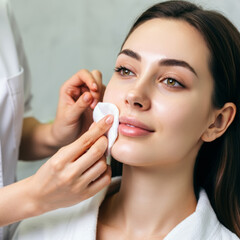 A skilled beautician cleans a beautiful woman's face with a soft gel before applying a mask, peeling or exfoliating, or giving a facial at the beauty salon.