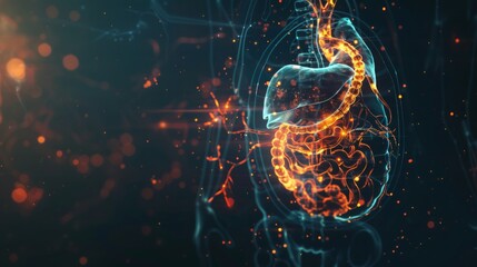 Aufkleber - An abstract depiction of the human digestive system with flowing, colorful illustrations of digestive organs, set against a modern