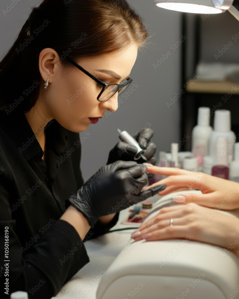Skilled nail technician applying gel nails with precision in a beauty ...